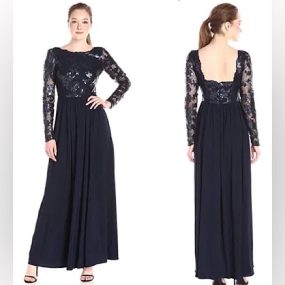 Vera Wang Navy Sequined Long Sleeved Open Back Maxi Flowy formal gown 14
